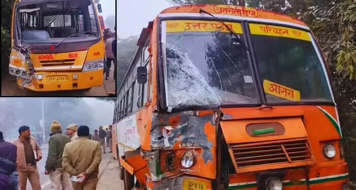 आगरा-अलीगढ़ हाइवे पर रोडवेज-स्कूल बस की टक्कर, घने कोहरे के कारण हुए हादसे में तीन लोग घायल