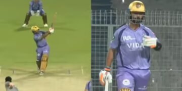 अजिंक्य रहाणे का ईडन में कोहराम, नवदीप सैनी की गेंद पर जड़ा गगनचुंबी छक्का, 20 गेंदों में ठोक डाली फिफ्टी