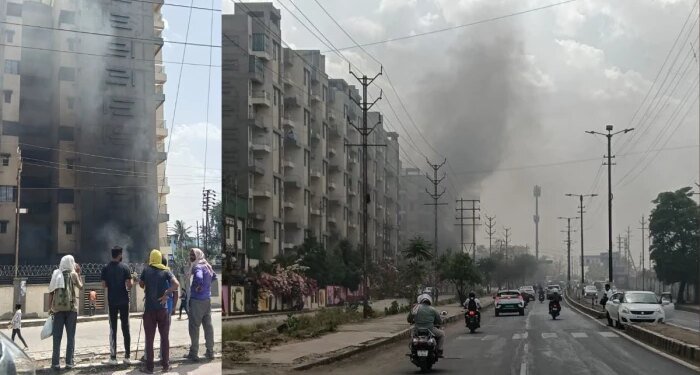 भोपाल के रचना टॉवर में खड़ी इलेक्ट्रिक स्कूटी में लगी आग, चपेट में आए कई वाहन; बहुमंजिला इमारत में फैला धुआं