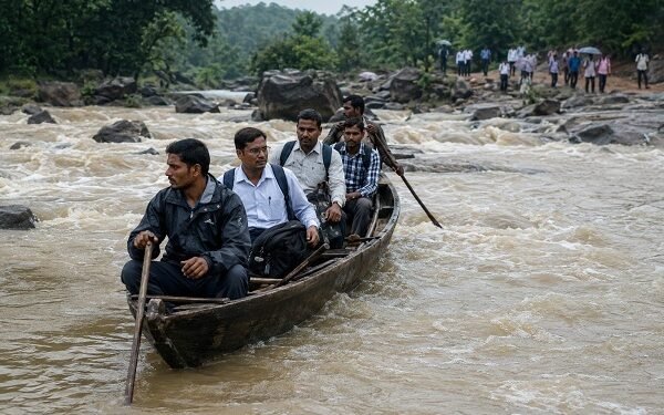 उफनती कोटरी नदी पार कर स्कूल पहुंच रहे शिक्षक, जान जोखिम में डाल निभा रहे शिक्षा का दायित्व