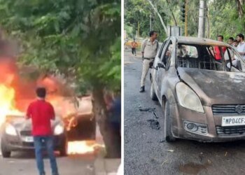 भोपाल में दो जगह चलती कारों में लगी भीषण आग: सेकेंडों में खाक हुईं गाड़ियां, समय रहते बाहर निकले सवार