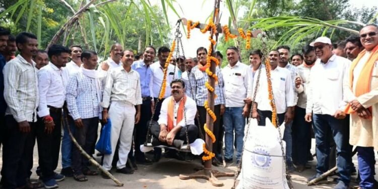 गन्ना किसानों ने विजय शर्मा को शक्कर की बोरियों से तौलकर जताया आभार